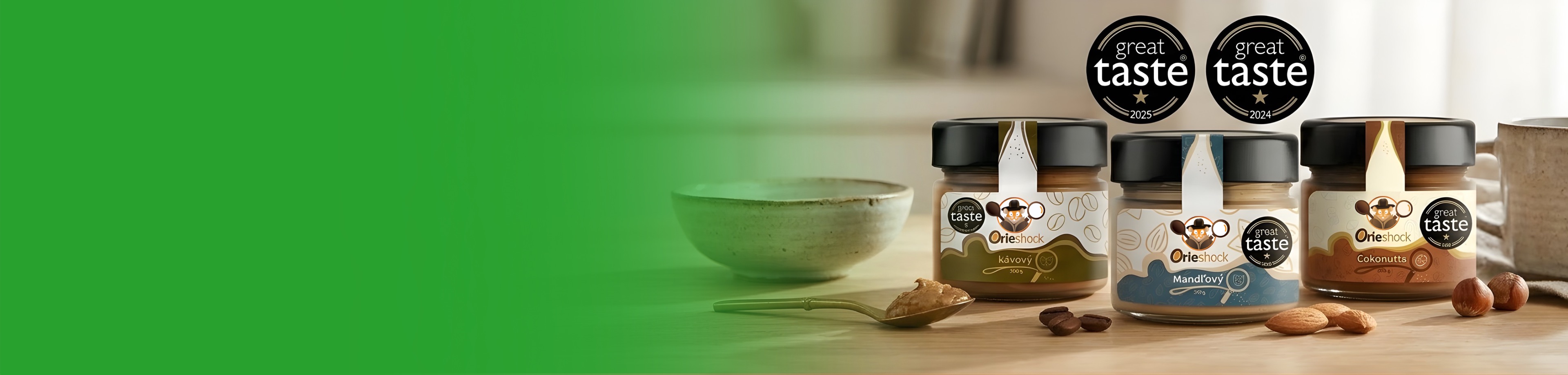 Home page banner - víťazi GreatTaste ocenenia - Orieshock mandľový, orieshock čokonutta, orieshock kávový